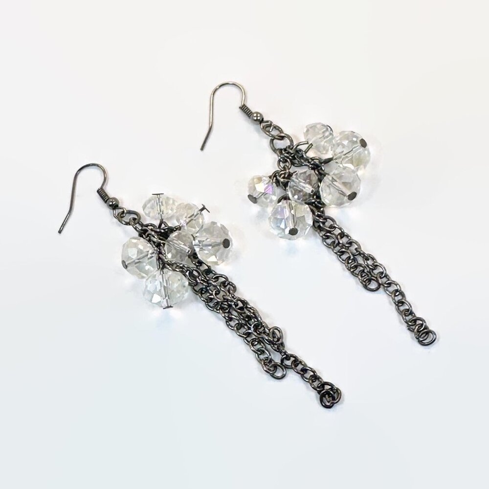 Crystal Earrings, Chains, Silver, Faceted, Unique, 3 1/2" Long, Vintage Earrings